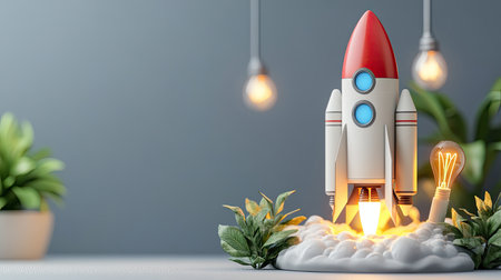 A vibrant rocket launching with glowing bulbs and decorative plants creates an inspiring scene of innovation and creativity, ideal for business and technology themes.の素材
