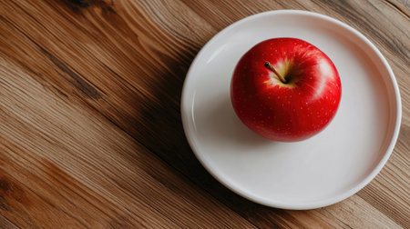 A vibrant red apple sits on a white plate atop a rustic wooden table. This fresh fruit symbolizes health and vitality, perfect for culinary or lifestyle themes.の素材