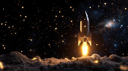 A stunning image of a rocket launching into space, surrounded by a cosmic background filled with stars and a galaxy. The moment captures innovation, exploration, and adventure.の素材