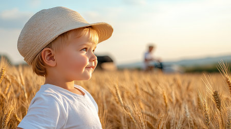 A joyful child stands amidst golden wheat, exuding innocence and happiness. A farmer works in the background, showcasing a serene rural scene of summer.の素材