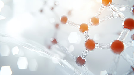 This abstract image showcases a molecular structure with glowing atoms in soft focus, highlighting scientific concepts and creativity in biology and chemistry.の素材