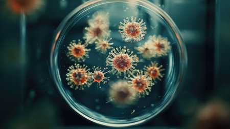 This close-up image captures virus particles in a petri dish, showcasing their intricate details. Perfect for educational and scientific contexts.の素材