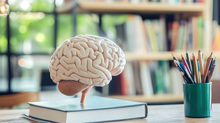 A realistic human brain model rests on an open book in a bright study room, surrounded by stationery. This image symbolizes knowledge, learning, and creativity.の素材