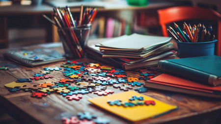 A vibrant workspace featuring colorful puzzle pieces scattered on a wooden table alongside various stationery items, offering a whimsical feel and spark for creativity.の素材