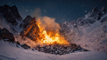 A stunning night scene captures a fiery avalanche igniting in a snowy mountain landscape, showcasing the contrast of fire and ice amidst a starry sky.の素材