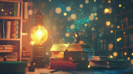 A cozy literary scene featuring a glowing lantern beside an open book, evoking a magical moment of storytelling filled with wonder and imagination.の素材