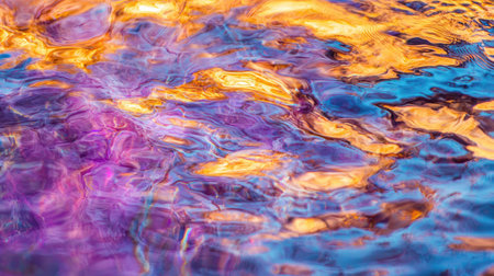 An abstract representation of vibrant colors reflecting on a water surface, showcasing beautiful shades of orange, purple, and blue in a tranquil setting.の素材
