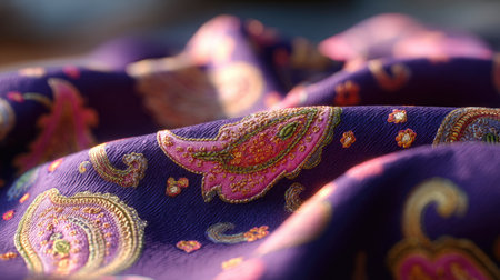 A stunning close-up of vibrant purple fabric featuring intricate paisley patterns in rich hues. The silky texture and decorative details create an elegant visual ideal for fashion, interiors, or artistic projects.の素材