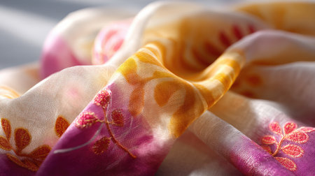 Detailed close-up of beautiful silk fabric featuring intricate floral embroidery in soft tones, perfect for showcasing elegance and craftsmanship in design.の素材