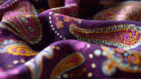 A vibrant and intricate paisley fabric with rich colors and soft textures, showcasing elegant draping in a captivating close-up view. Perfect for stylish decor.の素材