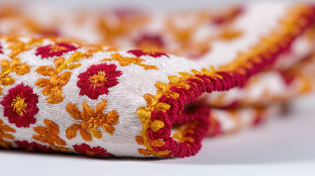 This image showcases a beautifully embroidered textile featuring intricate floral patterns in vibrant colors. Ideal for home dの素材