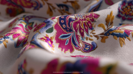 Vibrant floral embroidery on soft fabric creates a stunning visual display. Rich colors and intricate details enhance the elegance of this textile, ideal for decor.の素材