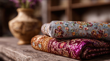 A captivating arrangement of luxurious embroidered textiles displayed on a rustic wooden surface, accompanied by a decorative pot, evokes an artistic essence.の素材