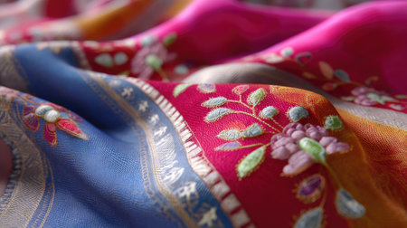 This image showcases a close-up of an elegant silk fabric, featuring vibrant colors and intricate embroidery designs, ideal for various creative projects.の素材