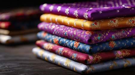 This stunning image showcases an elegant stack of colorful silk fabrics, featuring intricate patterns and rich textures, perfect for fashion and textile projects.の素材