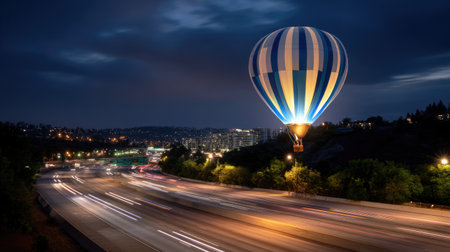 A vibrant hot air balloon floats gracefully above a bustling city at night, casting light over traffic below. The serene urban landscape offers a captivating view filled with motion and adventure.の素材