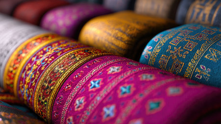 This image showcases a stunning array of vibrant textiles featuring intricate patterns and rich colors. Ideal for design inspiration and creative projects.の素材