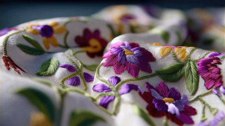 This close-up image captures the intricate details of vibrant floral embroidery on soft fabric. The rich colors and exquisite patterns highlight the artistry of textile design and craftsmanship.の素材