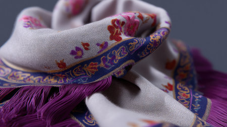 This image showcases an elegant fashion scarf featuring intricate floral patterns with vibrant fringe. Ideal for stylish outfits and diverse occasions.の素材