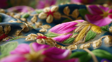 This close-up image showcases a richly embroidered fabric featuring vivid floral motifs, intricate details, and vibrant colors, perfect for textile art lovers.の素材