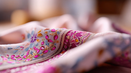 This image presents a stunning close-up view of intricately embroidered fabric, highlighting vibrant colors and detailed craftsmanship in a soft, inviting light.の素材