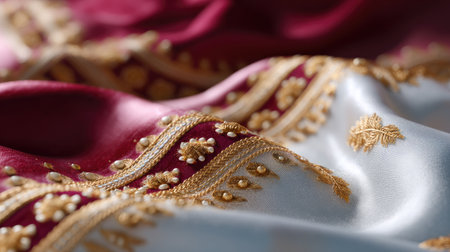 A stunning close-up image of luxurious silk fabric featuring intricate gold embroidery on a rich maroon and elegant white background, showcasing exquisite craftsmanship and detail.の素材