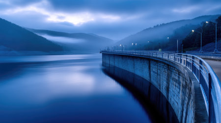 Captivating view of a tranquil reservoir during blue hour, surrounded by misty mountains. The calm water reflects the sky and lights, creating a serene atmosphere.の素材