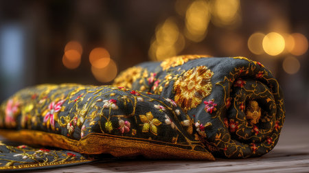 A beautifully crafted embroidered fabric roll features intricate floral patterns, showcasing exquisite craftsmanship and rich colors, perfect for various design projects.の素材