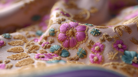 This close-up image captures the vibrant colors and intricate designs of floral embroidery on a soft textile, showcasing artistic craftsmanship and beauty.の素材