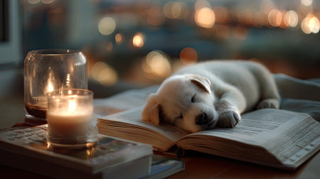 A charming scene featuring a sleeping puppy on an open book, illuminated by soft candlelight, with beautiful blurred city lights in the background.の素材