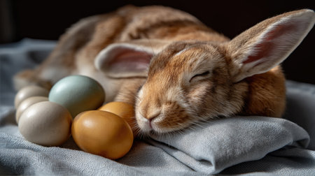 A serene scene featuring a sleeping bunny resting beside colorful Easter eggs on a soft gray surface. The gentle light creates a warm, peaceful atmosphere, perfect for spring celebrations.の素材