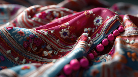 This image captures a beautiful close-up of vibrant textile featuring intricate embroidery and delicate details. The soft fabric showcases artisan craftsmanship with a stunning blend of colorful patterns. Perfect for decor or fashion inspiration.の素材