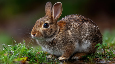 A delightful close-up of a fluffy rabbit sitting gracefully on wet grass, adorned with dew drops, highlighting its serene beauty in a tranquil forest setting.の素材