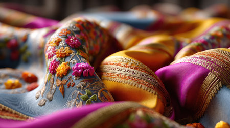 An artistic close-up of a colorful embroidered fabric showcasing intricate floral patterns and rich textures, perfect for design and craft inspiration.の素材