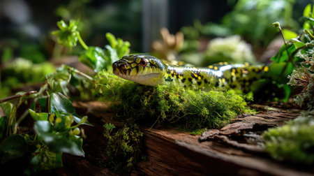 A stunning close-up of a green and yellow snake resting on a moss-covered log surrounded by vibrant plant life, showcasing nature's intricate beauty.の素材