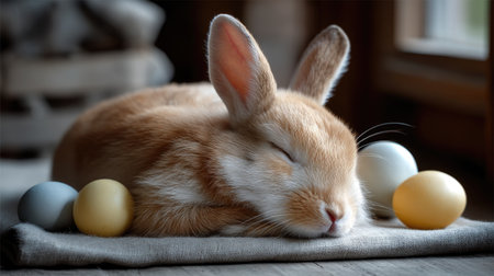 A serene image of a fluffy rabbit resting peacefully among colorful eggs, symbolizing Easter joy and springtime cheer in a warm indoor setting.の素材