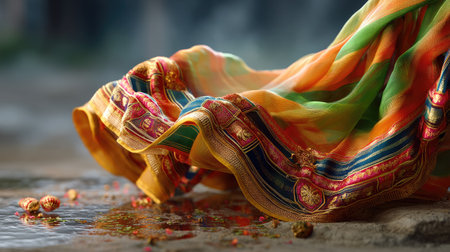 This stunning image captures a vibrant saree, featuring intricate embroidery and colorful patterns, elegantly draped on a water-splashed surface, embodying tradition.の素材