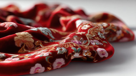 This stunning red fabric showcases exquisite floral embroidery, elegantly draped to reveal intricate designs and textures, perfect for fashion or decor.の素材