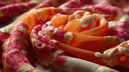 This image features a luxurious silk fabric in warm orange and pink tones, showcasing intricate embroidery. The vibrant colors and delicate texture highlight the elegance and artistry of textiles.の素材