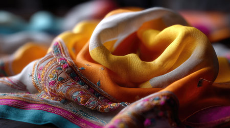 This striking image features a beautiful silk fabric with intricate embroidery, showcasing vibrant colors and rich textures ideal for fashion and decor projects.の素材