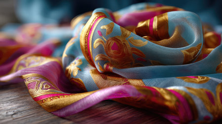 A vibrant silk scarf with exquisite floral patterns elegantly resting on a textured wooden surface. The intricate design showcases a blend of blue, pink, and gold hues, emphasizing luxury and beauty in craftsmanship.の素材