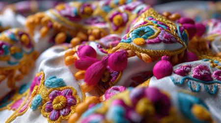 Explore the beauty of vibrant handmade embroidery featuring intricate patterns and colorful threads on soft fabric, perfect for artistic projects.の素材