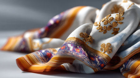 This elegant fabric features exquisite golden embroidery and vibrant borders, making it ideal for fashion designs and home decor. Its luxurious feel adds charm.の素材