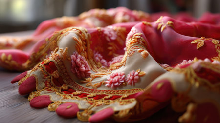 This captivating image showcases elegant floral embroidery on luxurious textiles, highlighting intricate details and vibrant colors perfect for fashion or home decor.の素材
