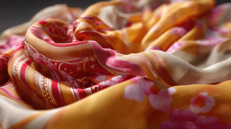 A close-up view of a vibrant silk fabric featuring intricate floral patterns. This colorful textile showcases elegance and smooth textures, ideal for fashion designs.の素材