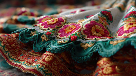 Explore the rich details of vibrant traditional embroidery on fabric, showcasing colorful floral patterns and intricate craftsmanship that reflect cultural heritage.の素材