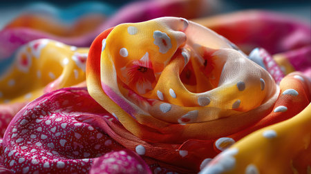 Close-up view of a vibrant silk scarf featuring a floral design and polka dots. The flowing fabric showcases bright colors and intricate patterns, perfect for fashion accessories.の素材