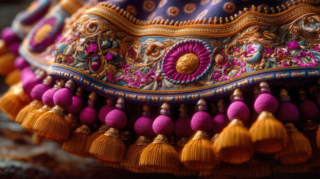 This stunning close-up showcases a rich textile design with intricate embroidery and vibrant fringe details, perfect for highlighting craftsmanship and beauty.の素材