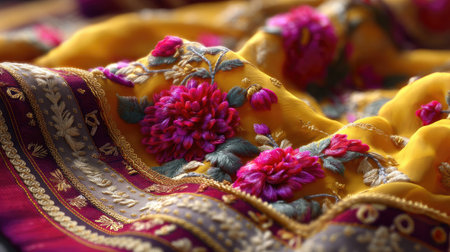 Beautifully crafted yellow fabric featuring intricate floral embroidery, showcasing vibrant colors and elegant designs. Ideal for highlighting traditional craftsmanship and aesthetic charm.の素材