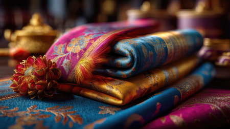 This image showcases a stunning display of vibrant Indian textiles featuring intricate patterns and rich colors, ideal for cultural and artistic representations.の素材